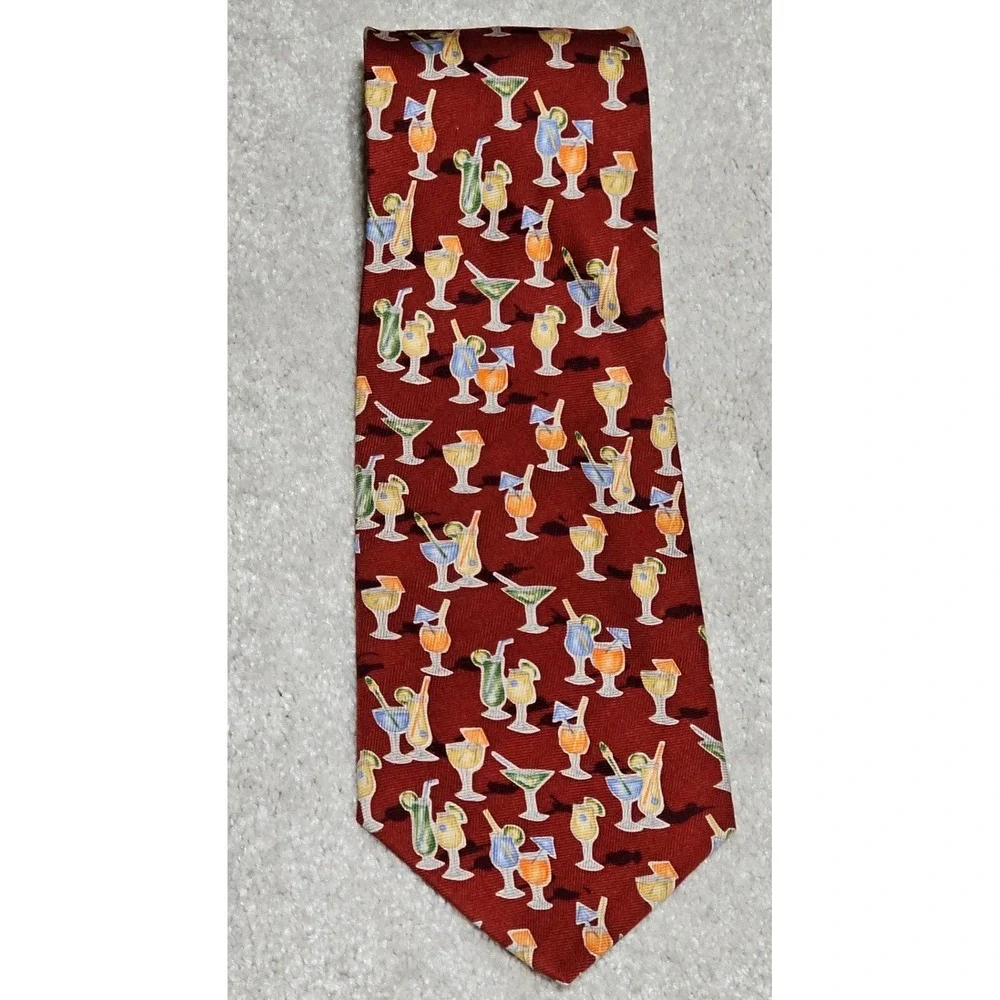 Tommy Bahama Mens‎ Silk Cocktail Drink Print Necktie Burgundy